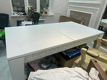 metbext masa: Açılan yemək masası və yumşaq stullar dəsti - Masa: ağ rəngdə — 1