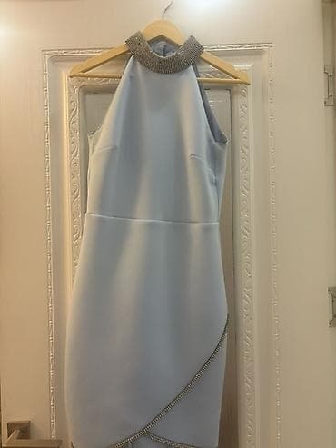 Zərif açıq mavi rəngdə kokteyl/axşam libası. - Model: halter tipli