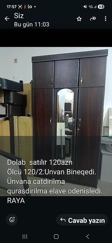 qoz qelibi: Dolab – tünd qoz rəngində, 3 qapılı, mərkəzdə güzgülü model. Üst — 1
