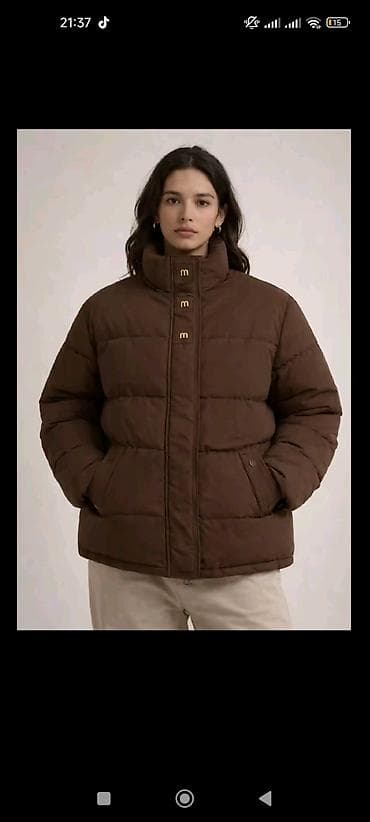 pull & bear kurtka: Qadınlar üçün qışlıq puf şişmə gödəkcə – qəhvəyi rəng - Yüksək yaxa — 1