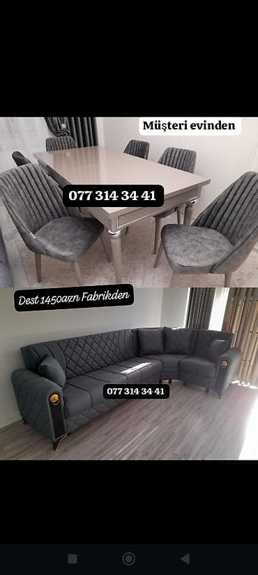 stullar ev ucun: Yemək stol və stul dəsti + qonaq otağı üçün künc divan - Rəng: tünd — 1
