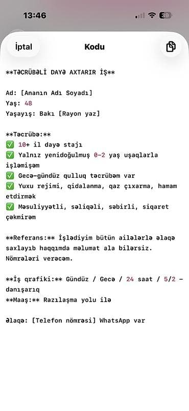 Ev personalı və təmizlik: Dayə, Qalmaq şərti ilə, 48 yaş, 5 ildən artıq təcrübə — 1