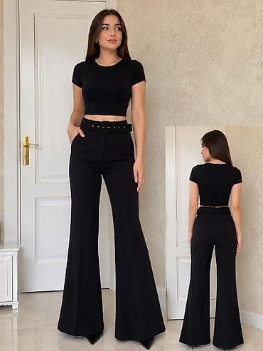 Qara rəngli qadın şalvar – hündür belli, enli balaqlı (flared) model