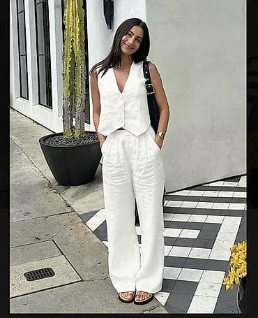 Ağ rəngli iki hissəli qadın dəsti – jilet və geniş şalvar - Parça