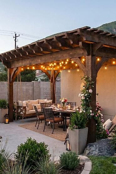 Açıq havada istirahət üçün taxta pergola - Material: qalın massiv