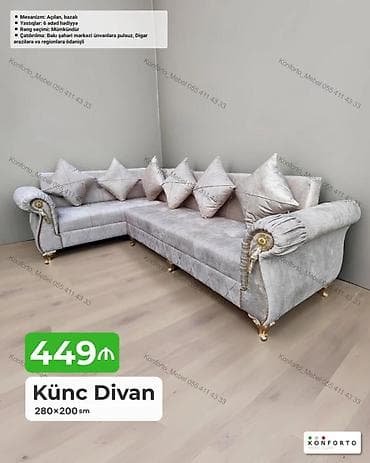kreditle kunc divanlar: Künc Divan – 280×200 sm - Mexanizm: Açılan, bazalı - Yastıqlar: 6 — 1