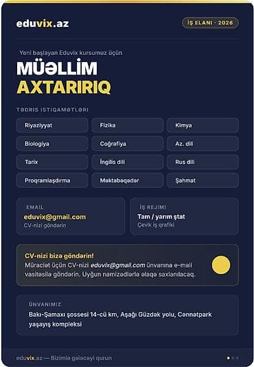Müəllim tələb olunur, 1-2 illik təcrübə — 1