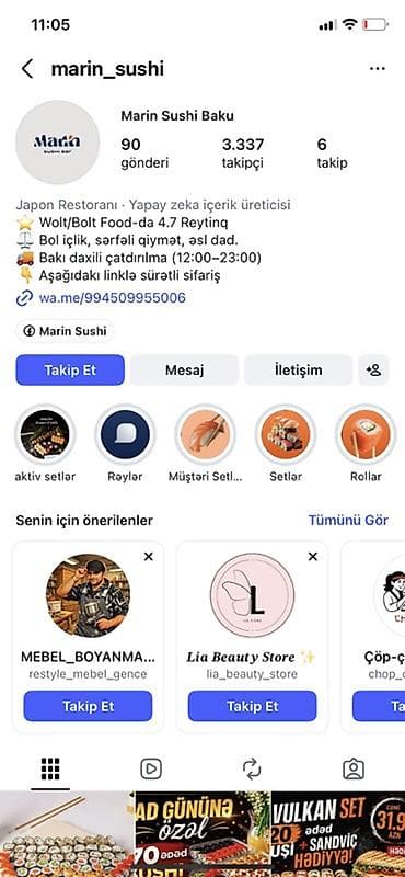 Hazır biznes: Satılır: Hazır suşi biznes paketi Tərkib: - 2 aktiv suşi Instagram — 1