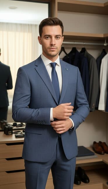 строгие мужские костюмы: Kişi kostyumu – 3 hissəli dəst - Rəng: tünd boz-mavi (xırda teksturalı — 1