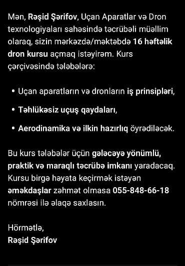 16 həftəlik dron kursu Xidmətin məzmunu: - Uçan aparatların və