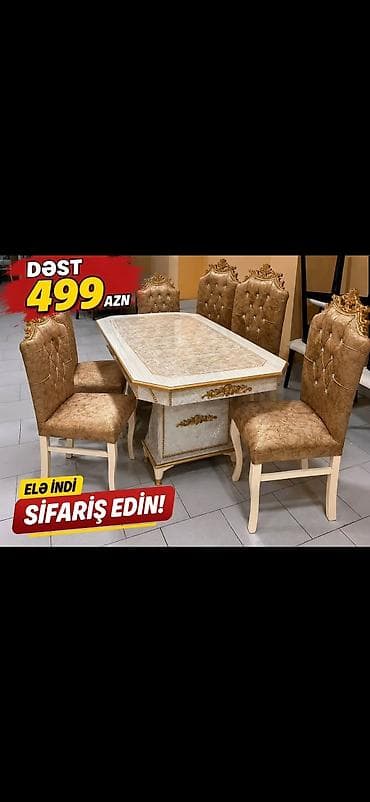 polis sekilleri: Klassik üslubda yemək otağı dəsti. Dəst 1 ədəd düzbucaqlı masa və 4 — 1