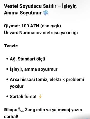 Xarab 2 qapılı Vestel Soyuducu Satılır, rəng - Ağ lalafo.az -da Xarab 2 qapılı Vestel Soyuducu Satılır, rəng - Ağ