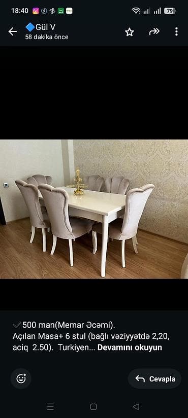 mətbəxt masası: ✔️500 man(Memar Əcəmi). Açılan Masa+ 6 stul (bağlı vəziyyətdə 2,20 — 1