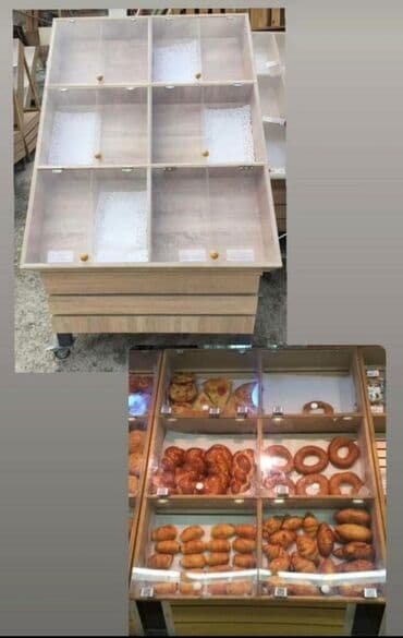 Stend vitrinləri: Taxta və şəffaf plexiglasdan hazırlanmış, təkərlər üzərində universal — 1