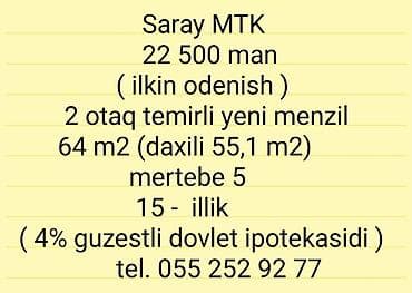 menziler: Saray MTK – 2 otaqlı, təmirli yeni mənzil - Ümumi sahə: 64 m² (daxili — 1