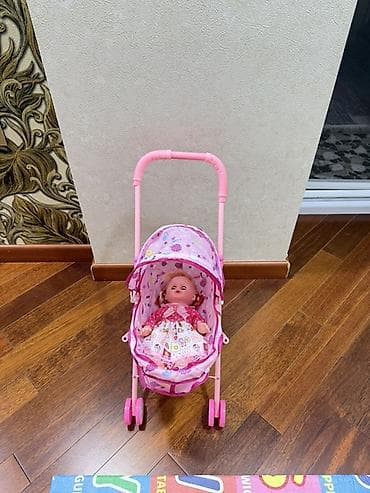 Uşaq üçün oyuncaq bebek arabası və bebek dəsti. - Rəng: çəhrayı -