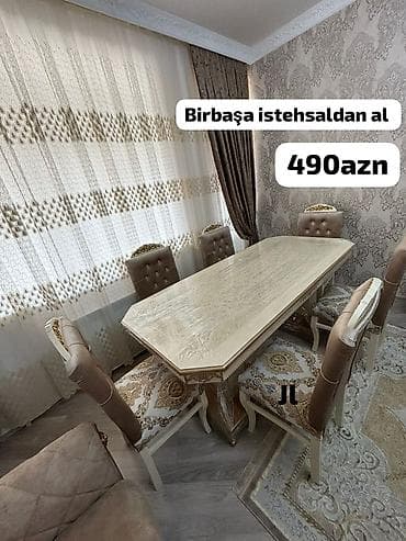 stul bar: Mətbəx üçün, Yeni, Açılmayan, Dördbucaq masa, 6 stul — 3