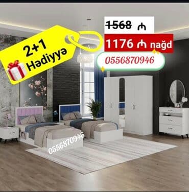 Sifarişlə oturacaqlar: Bu yataq otağı mebel dəstinə iki tərəfli çarpayı, matras, komod, şkaf — 6