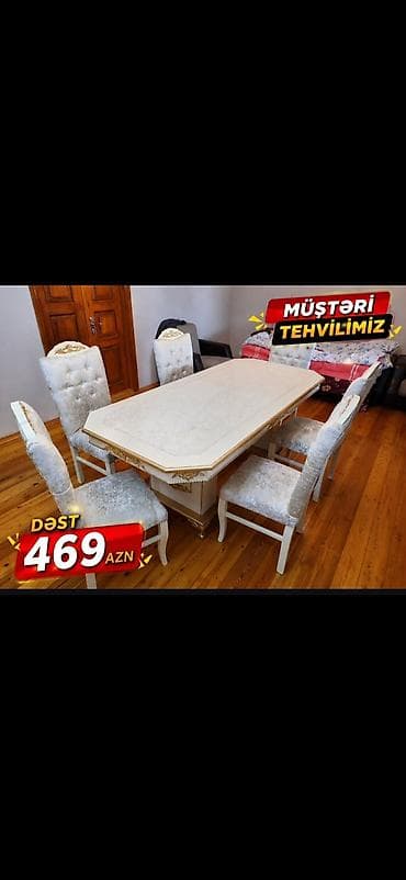 Yemək otağı dəsti – 1 masa + 6 stul - Stil: klassik/royal dizayn