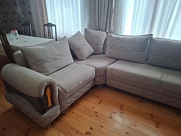kreditle kunc divanlar: Künc divan dəsti – krem/boz rəngli, yumşaq məxməri/parça üzlüklə - — 1