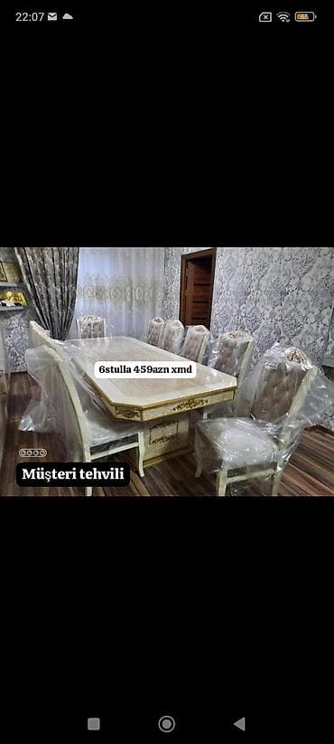 stul bar: Məhsul: Klassik dizaynlı yemək otağı dəsti Tərkibi: - Dördkünc, geniş — 5