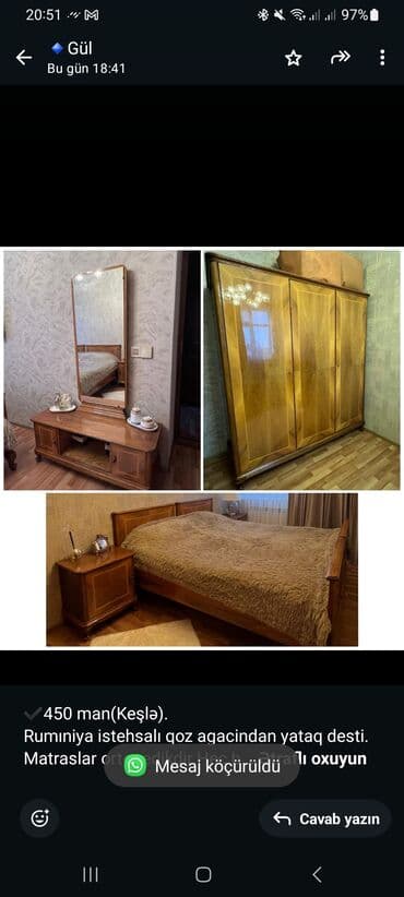 otaq gulleri: ✔️450 man(Keşlə). Rumıniya istehsalı qoz agacindan yataq desti — 1