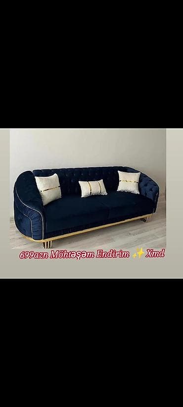 sultan divan: Mavi samt üzlü, qızılı detallarla tamamlanmış elegant divan. Yumru — 1