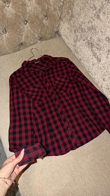 Qırmızı-qara dama naxışlı qadın köynəyi - Model: düyməli, uzunqol -