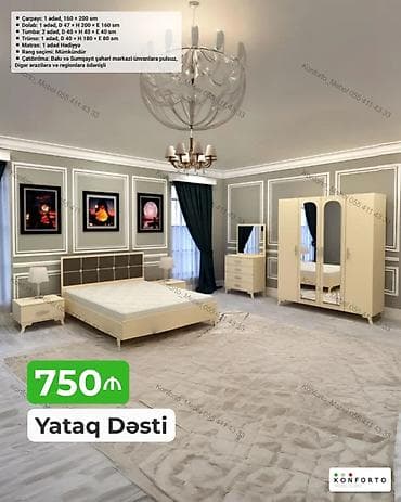 komodlar: Yataq Dəsti – 750 ₼ Komplektin tərkibi və ölçülər: - Çarpayı: 1 ədəd — 1