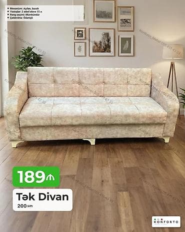acilan divan: Tək divan – 200 sm - Mexanizm: açılan, bazalı (yataq funksiyalı, içi — 1