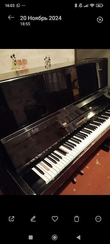 Qara rəngli, klassik korpuslu upright piano. Şəkillərdə alətin həm — 5