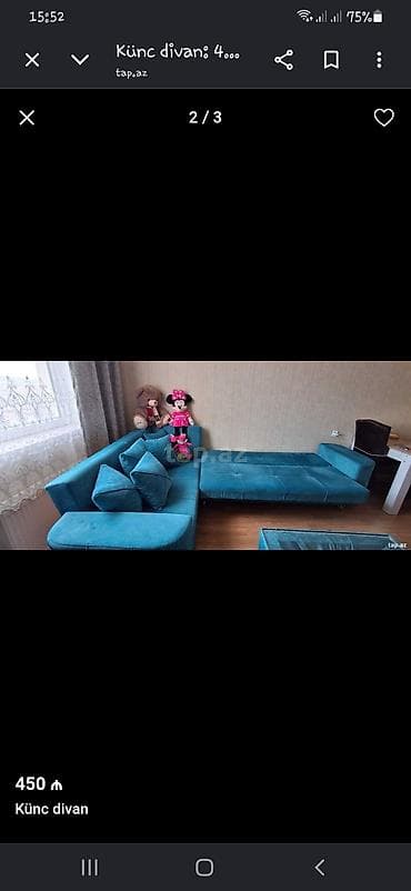 krep parca: Künc divan – mavi rəngdə, yumşaq parça üzlüklə. Modul L forması, rahat — 2