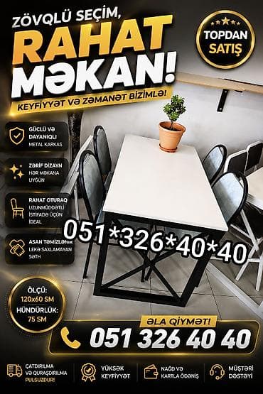 stul metbex: Mətbəx üçün, Yeni, Açılmayan, Dördbucaq masa, 6 stul — 6