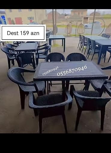 heyet gulleri ve adlari: Həyət/bağ üçün mebel dəsti: - Komplekt: 1 masa + 6 stul - Masa ölçüsü — 2