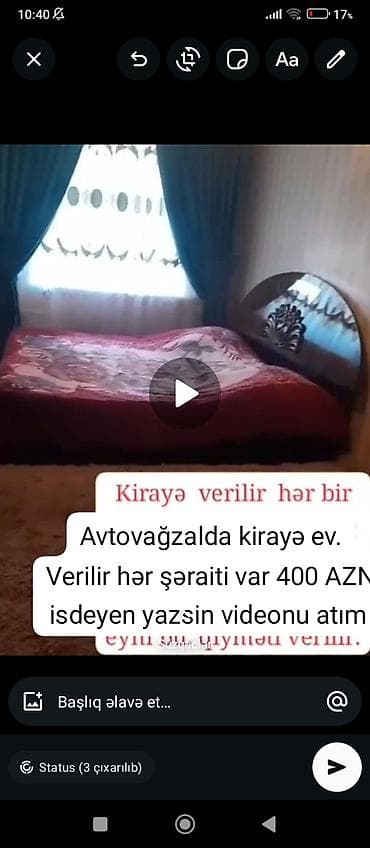 Avtovağzalda kirayə ev.

isdeyen yazsin videonu atım tam şəraitlii ev