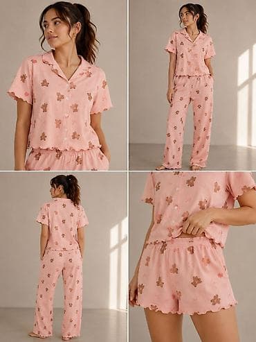 Qızlar üçün pijama dəsti - Rəng: açıq çəhrayı - Naxış: qızılı-qəhvəyi