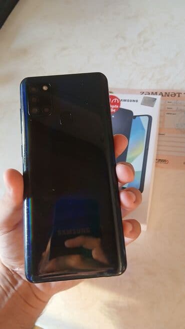 телефон fly ds169: Samsung Galaxy A21S, 128 ГБ, цвет - Синий, Гарантия, Отпечаток пальца, Две SIM карты — 1