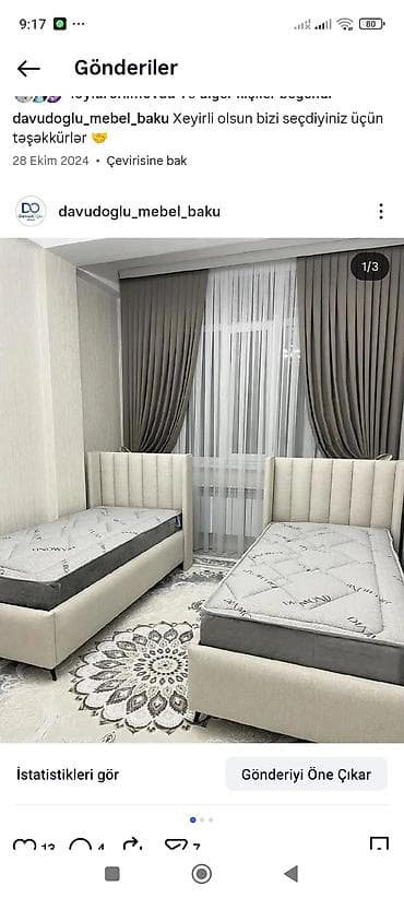 Yataq otağı: Qranat tikili, yumşaq başlıqlı iki tək çarpayı dizaynı