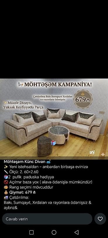Künc divan, Yeni, Açılmayan, Bazasız, Parça, Pulsuz çatdırılma
