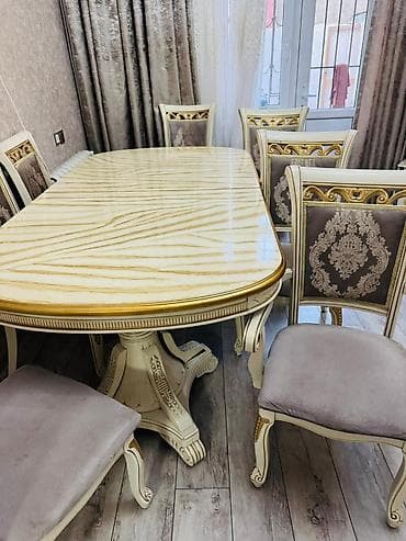 ucuz stol: Qonaq otağı üçün, İşlənmiş, Oval masa, 8 stul — 1