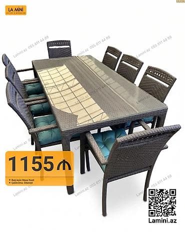 Прямоугольный стол, 8 стульев, Нераскладной, Со стульями, Плетеный