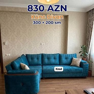 divanla: Künc Divan – 300 × 200 sm - Rəng: firuzə/qartal mavi tonlu məxməri — 1