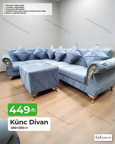Divanlar: Künc divan – 280×200 sm - Mexanizm: açılan, bazalı (yataq funksiyalı — 1