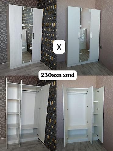 skafi: 3 qapılı şkaf – güzgülü model - Rənglər: ağ və açıq ağac teksturası - — 1
