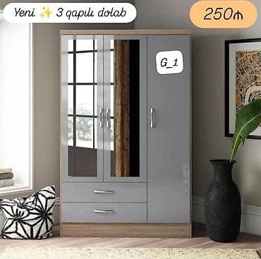 Yeni 3 qapılı dolab – 250₼ - Rəng: boz (parlaq ön panel) və taxta