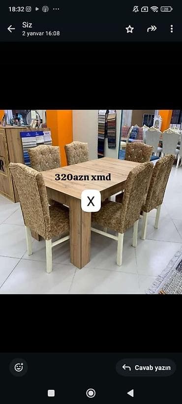 Mebel: Yemək otağı üçün masa və 6 ədəd stul dəsti. - Masa: düzbucaqlı forma — 1