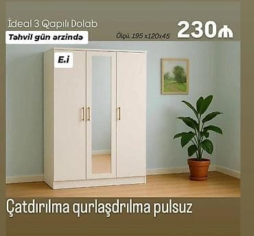bakida hava saatliq: Yeni, 3 qapılı, Güzgülü, Ağ, Digər material, Açılan, Düz dolab — 1