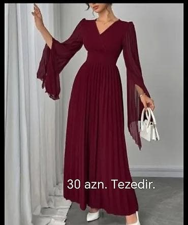 Şərab rəngində uzun şifon don - Model: V-yaxa, beldən büzgülü