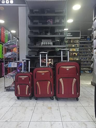 Qırmızı rəngli 3-lü tekstil çamadan dəsti - Ölçülər: kiçik, orta və