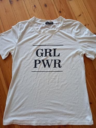 Qadın T‑şerti – SHEIN - Rəng: Ağ - Üz hissəsində qara yazı: “GRL PWR”